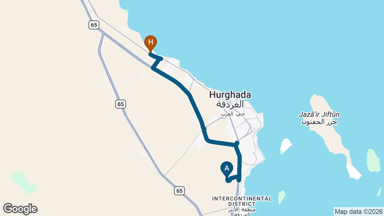 Driving route from Hurghada Airport to Bellagio Beach Resort